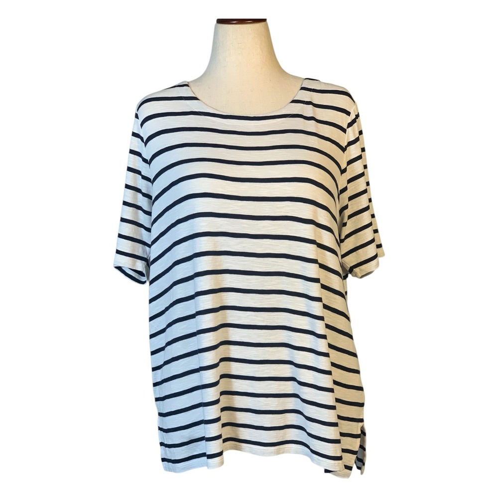 J Jill Pima Cotton Scoop Neck Black White Stripe Tee Blouse Size XL